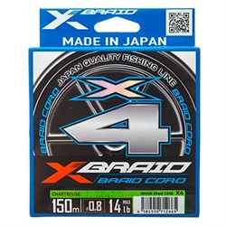 Шнур YGK X-Braid Braid Cord X4 150m Chartreuse #0.8, 0.148мм, 14lb, 6.3кг 14711 - фото 10675
